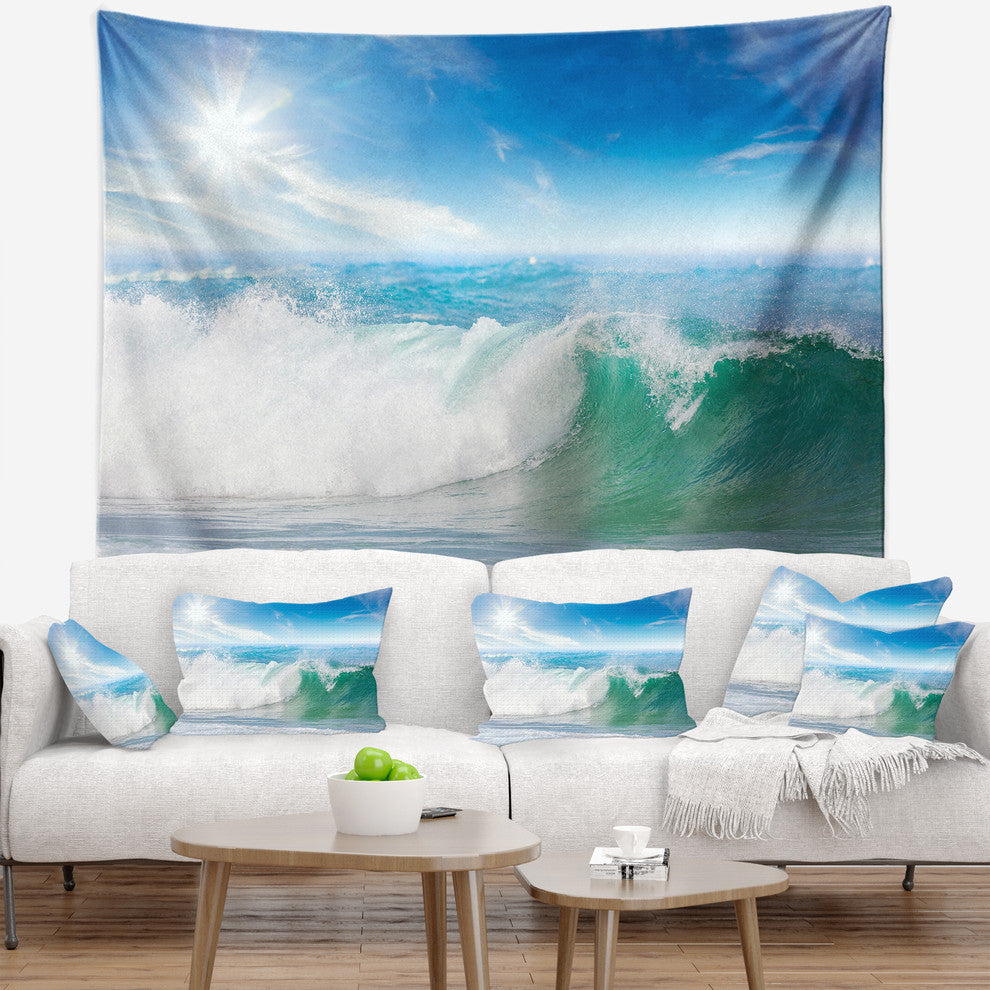 White and Blue Waves under Sun Seascape Wall Tapestry, 92"x78"