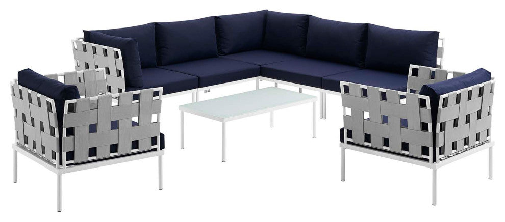 Modway Harmony 8 Piece Outdoor Patio Aluminum Sectional Sofa Set, White Navy