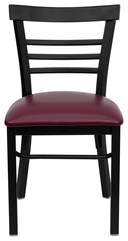 Black Ladder Back Metal Restaurant Chair, Burgundy Vinyl Seat