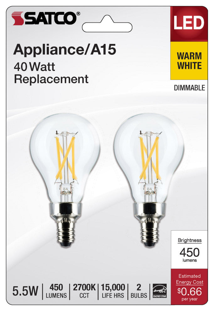5.5W A15 LED, Clear, Candelabra Base, 2700K, 450 Lumens, 2-Pack