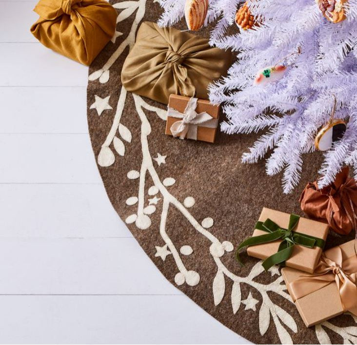 Handmade Christmas Tree Skirt, Felt Branches and Stars on Gray