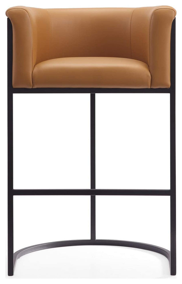 Modern Bar Stool, Square Design With Metal Frame & Camel Faux Leather Seat