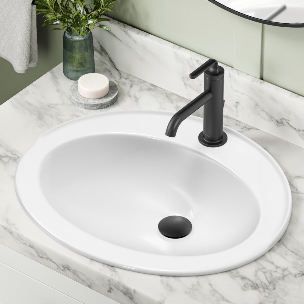 KRAUS Elavo 22 in. Oval Porcelain Ceramic Self-Rimming Drop, Bathroom Sink