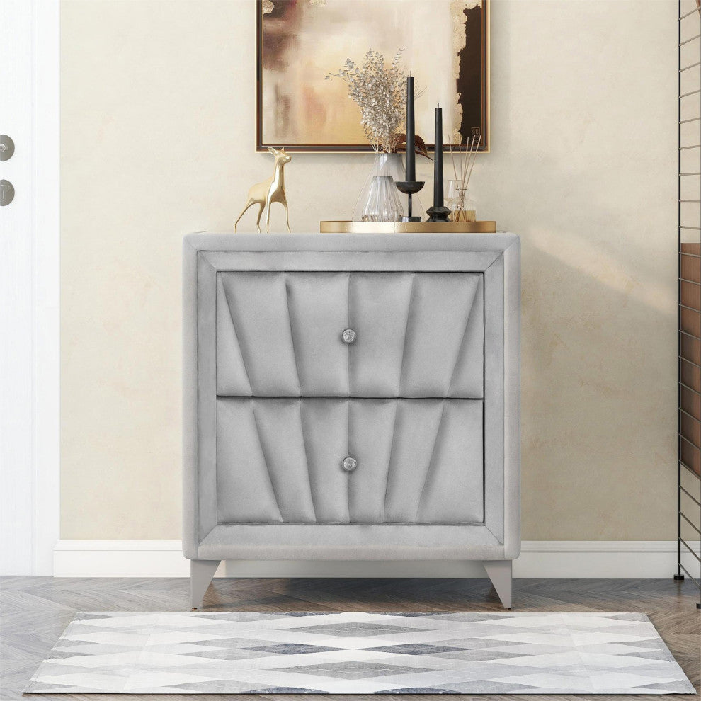 2-Drawer Wood Nightstand with Velvet Fabric and Glass Worktop, Silver Gray