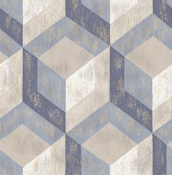 Rustic Wood Tile Geometric Wallpaper, Blue, Sample