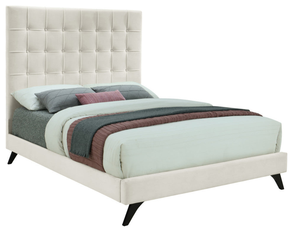 Elly Velvet Upholstered Bed, Cream, Queen