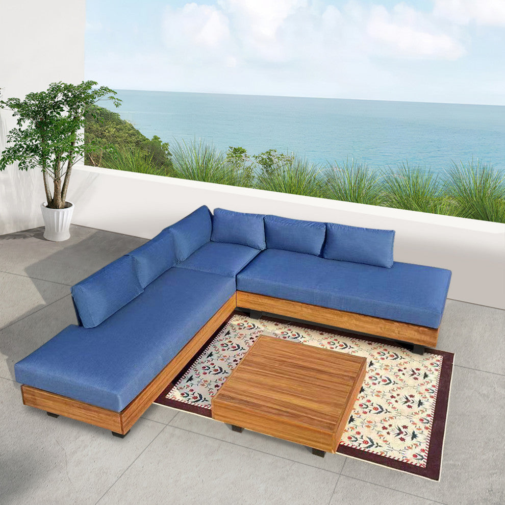 Alden 4-Piece Teak Aluminum Outdoor Patio Sectional Sofa Set with Cushions, Spectrum Indigo Acrylic