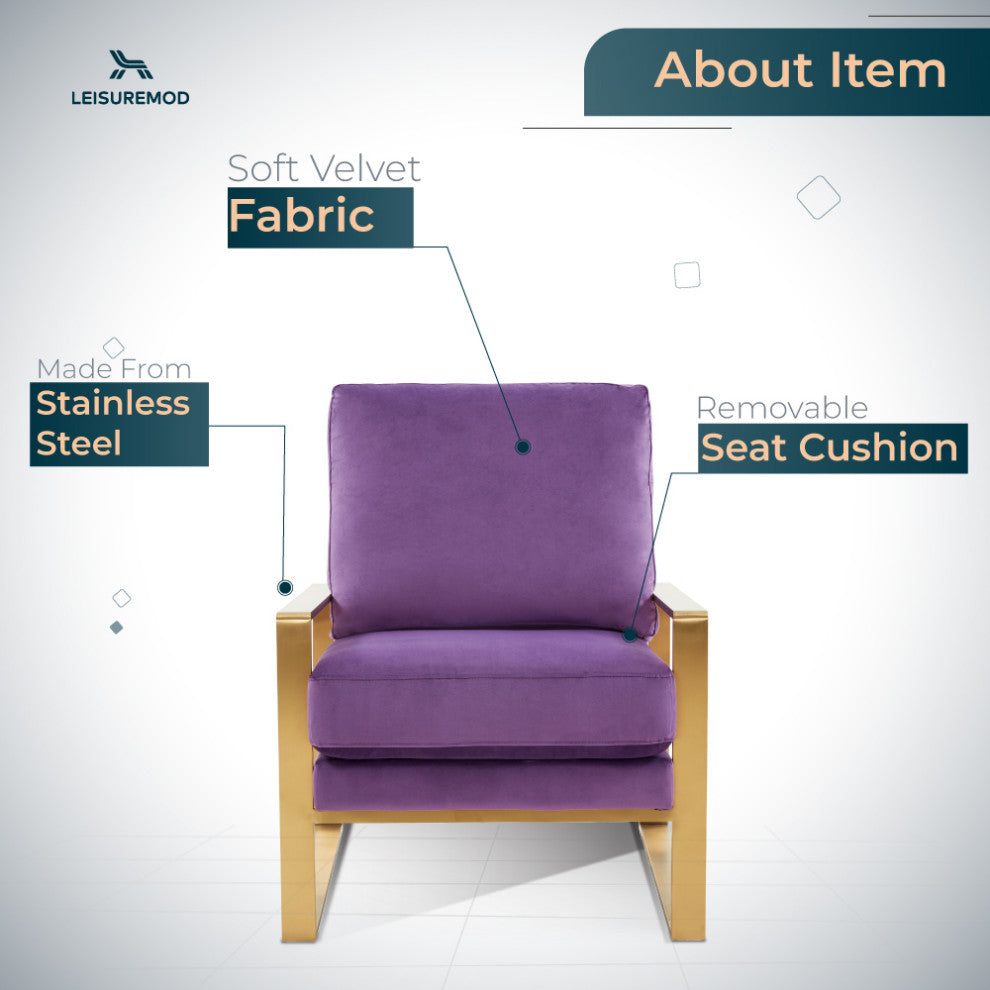 LeisureMod Jefferson Velvet Accent Armchair With Gold Frame, Purple