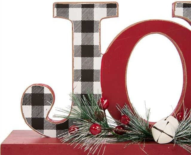 11.42" Christmas Wooden Plaid JOY Table Decor