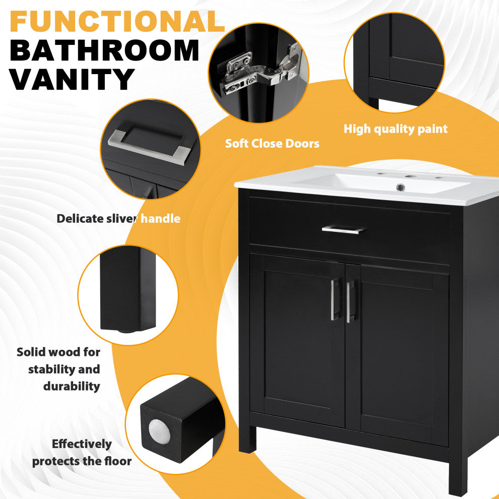 30 Inch Bathroom Vanity with Ceramic Sink and Ample Storage, Black