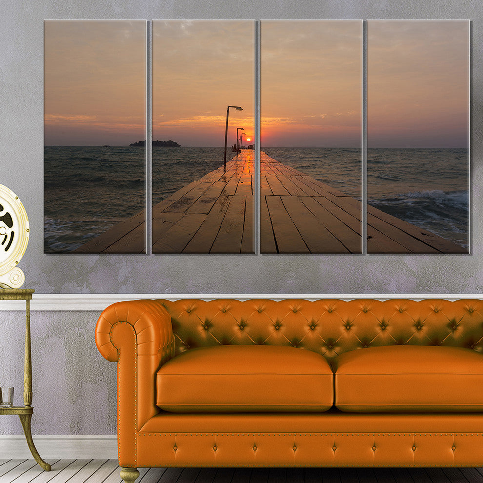 "Large Pier At Koh Rong Island" Modern Beach Canvas Art Print, 4 Panels, 48"x28"