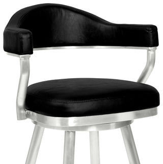 Justin 30" Bar Height Barstool in Brushed Stainless Steel and Black Faux Leather
