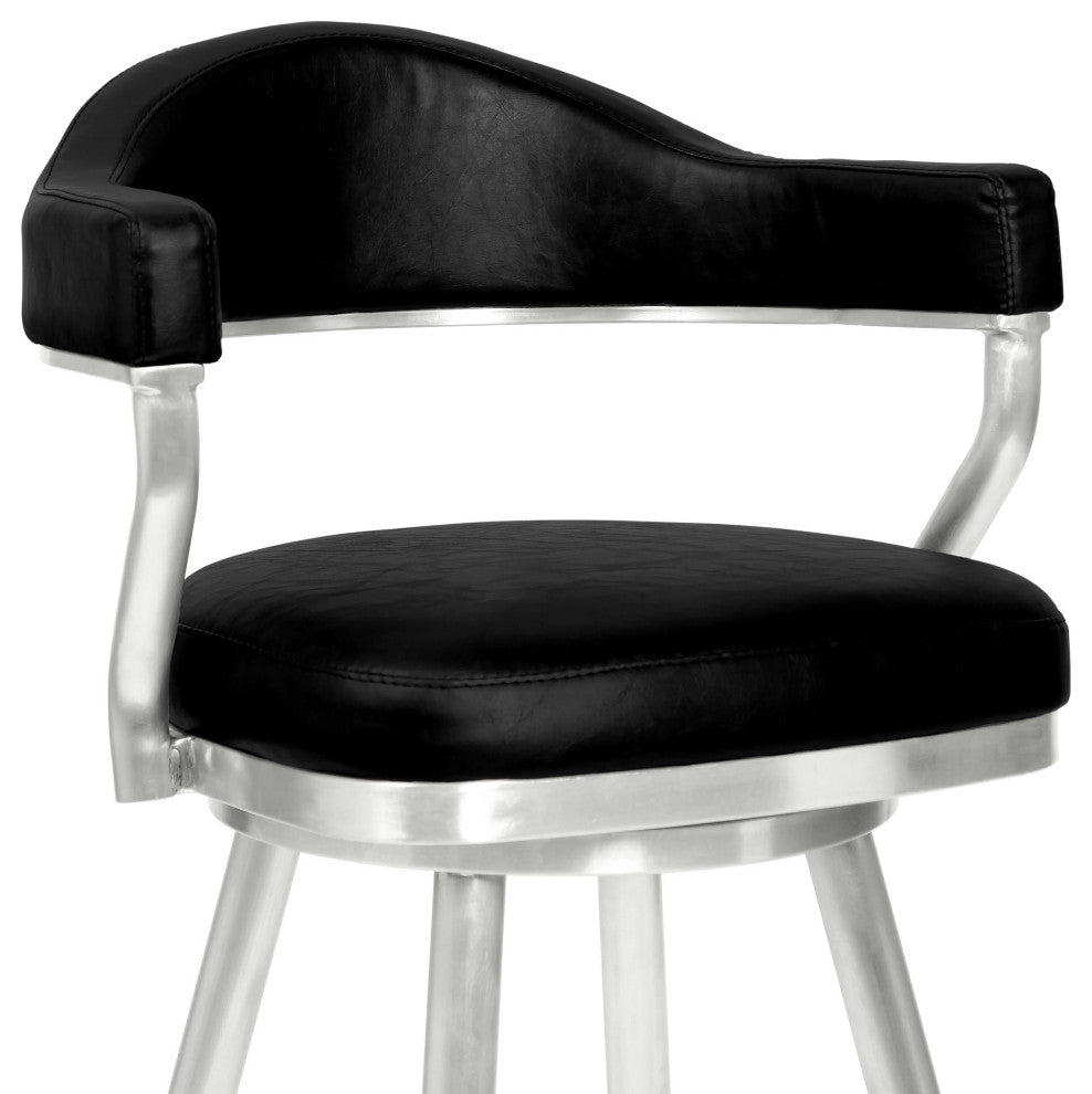 Justin 30" Bar Height Barstool in Brushed Stainless Steel and Black Faux Leather