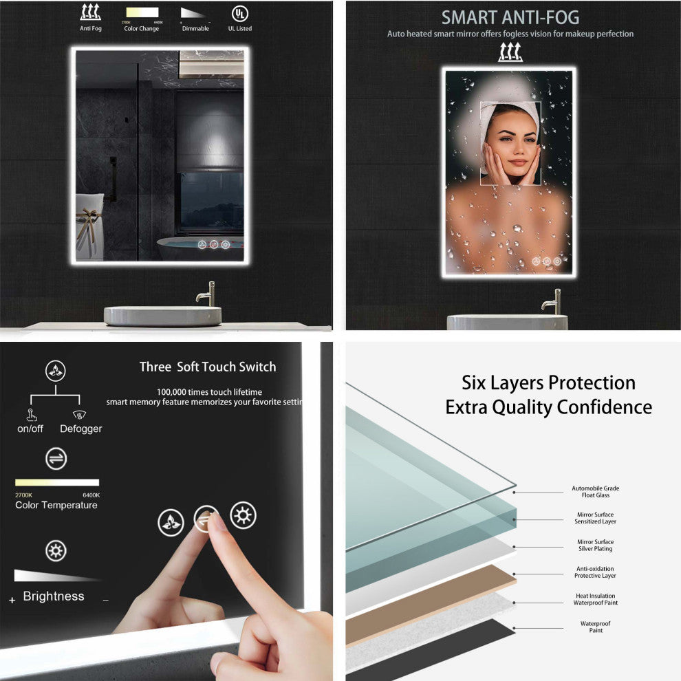 Fogless, Dimmable, Color Temperature Adjustable LED Mirror, 30x36
