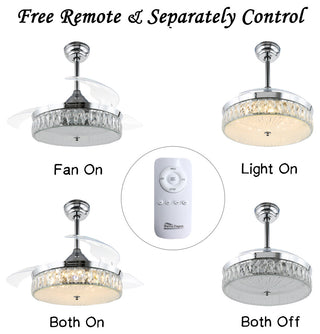 42" Decorative Crystal Drum Ceiling Fan with Light and Remote, Foldable Blade, Chrome, Neutral White (4000k)