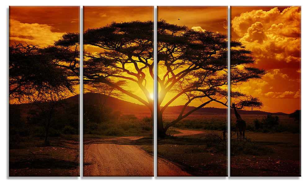 African Sunset with Lonely Tree, African Landscape Canvas Art, 48"x28", 4 Panels