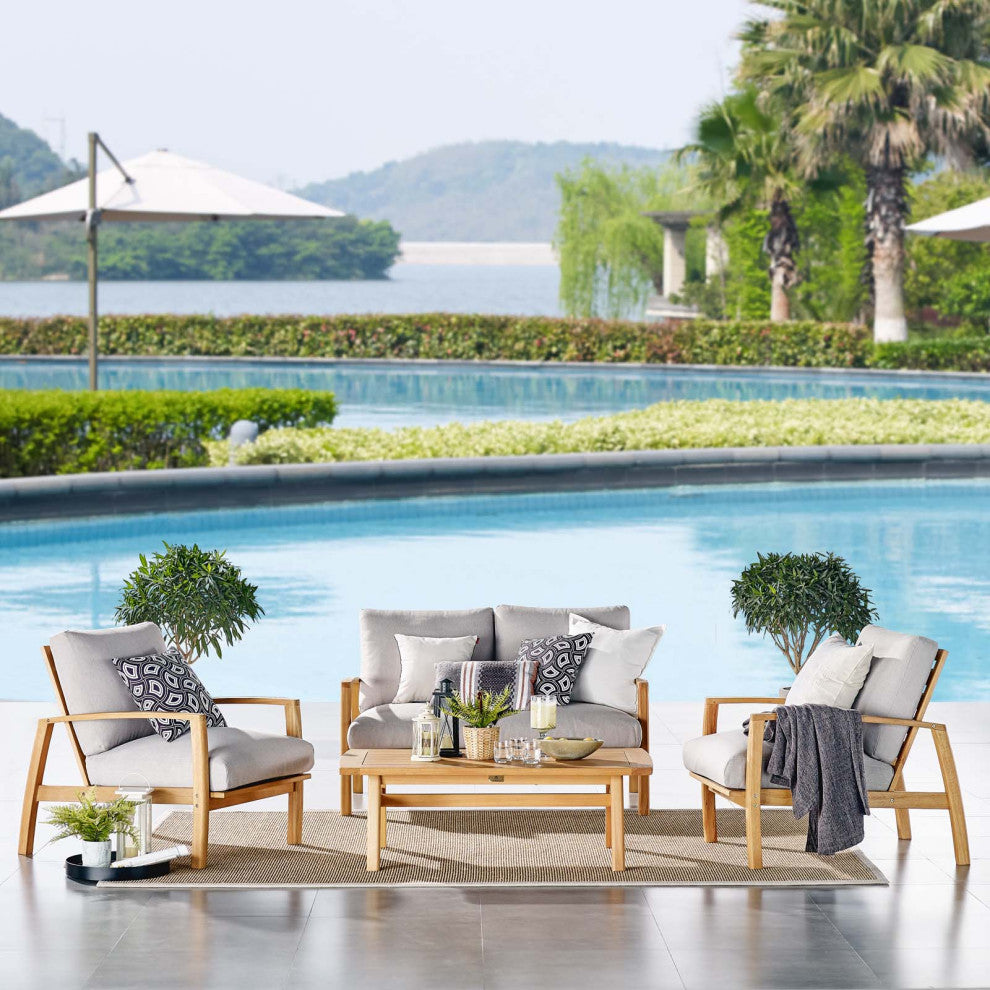 Lounge Sectional Sofa Chair Set, Wood, Brown Natural Gray, Modern, Outdoor