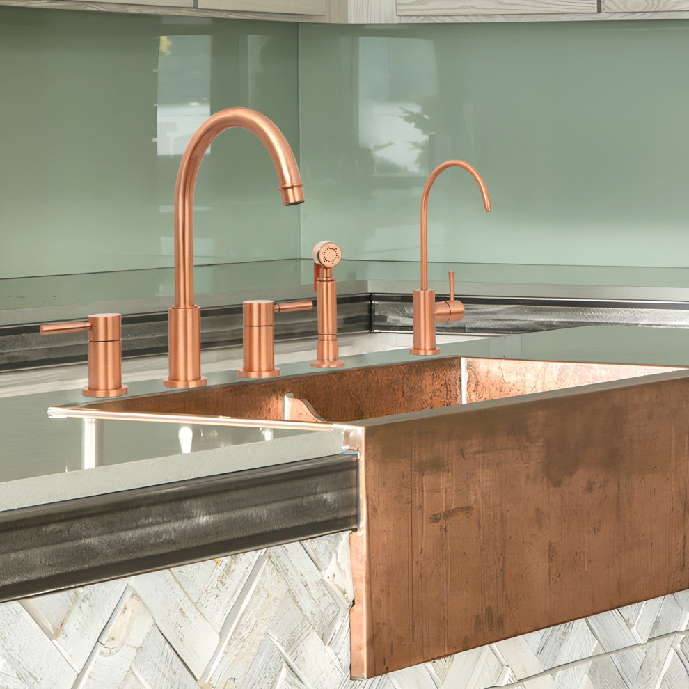 Two-Handles Copper Widespread Kitchen Faucet With Side Sprayer, Copper