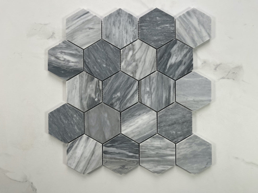 Bardiglio Gray Dark Grey Marble 3 inch Hexagon Mosaic Tile Polished, 1 sheet