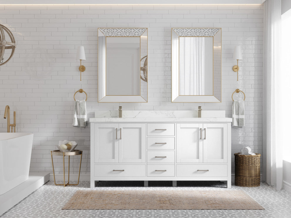Malibu 72 Double Sink Bath Vanity in White  2" Calacatta Nuvo