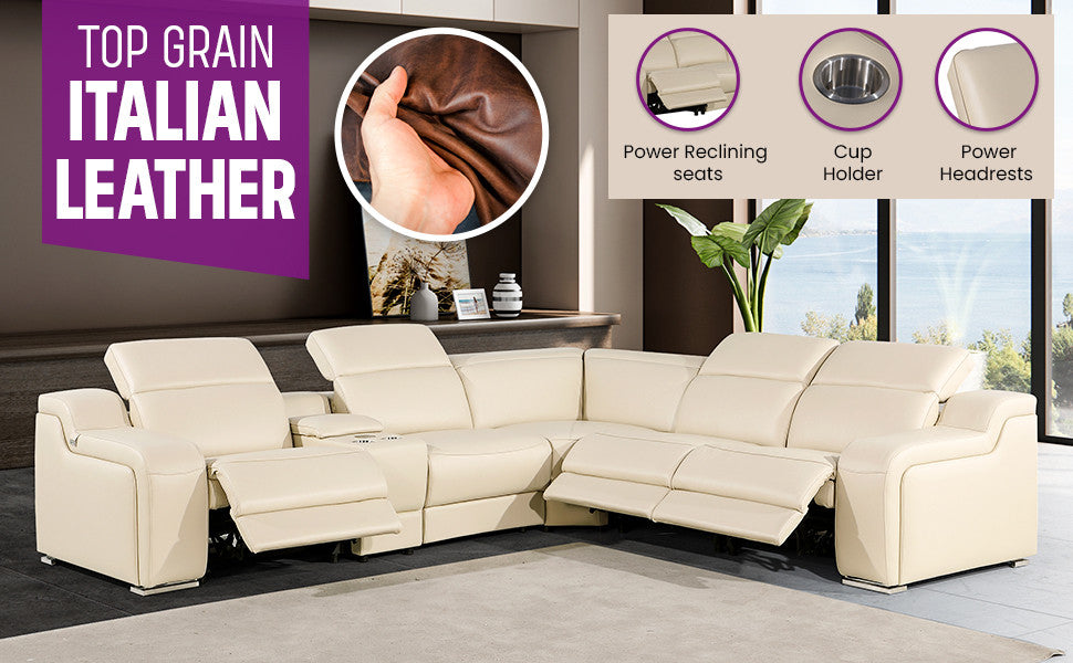 Marco-6-Piece, 3-Power Reclining Italian Leather Sectional, Light Gray