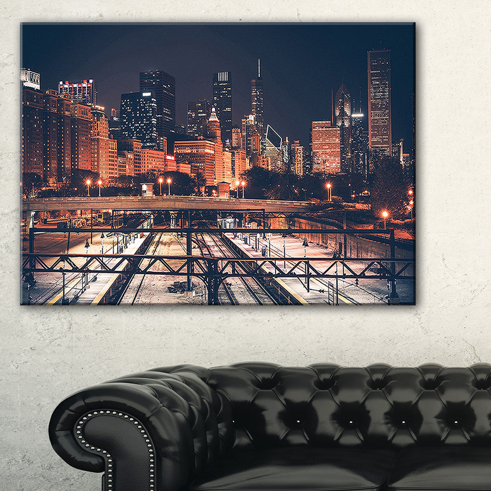 "Dark Chicago Skyline and Railroad" Canvas Print40"x20"