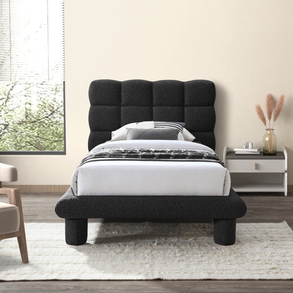 Deco Boucle Fabric Upholstered Full Bed, Black, Twin
