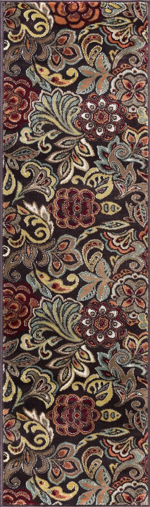 Dilek Transitional Floral Area Rug, Brown, 2'3"x10'