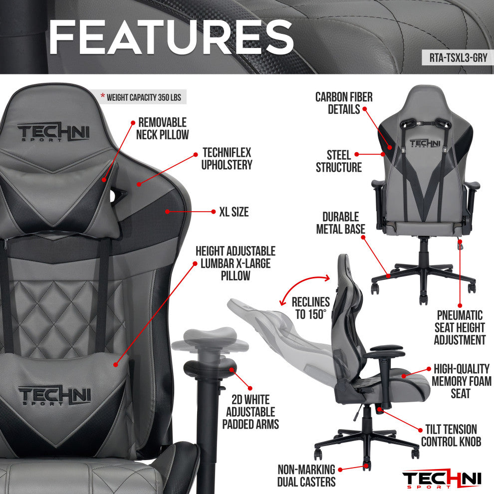 XL Ergonomic Gaming Chair, Gray