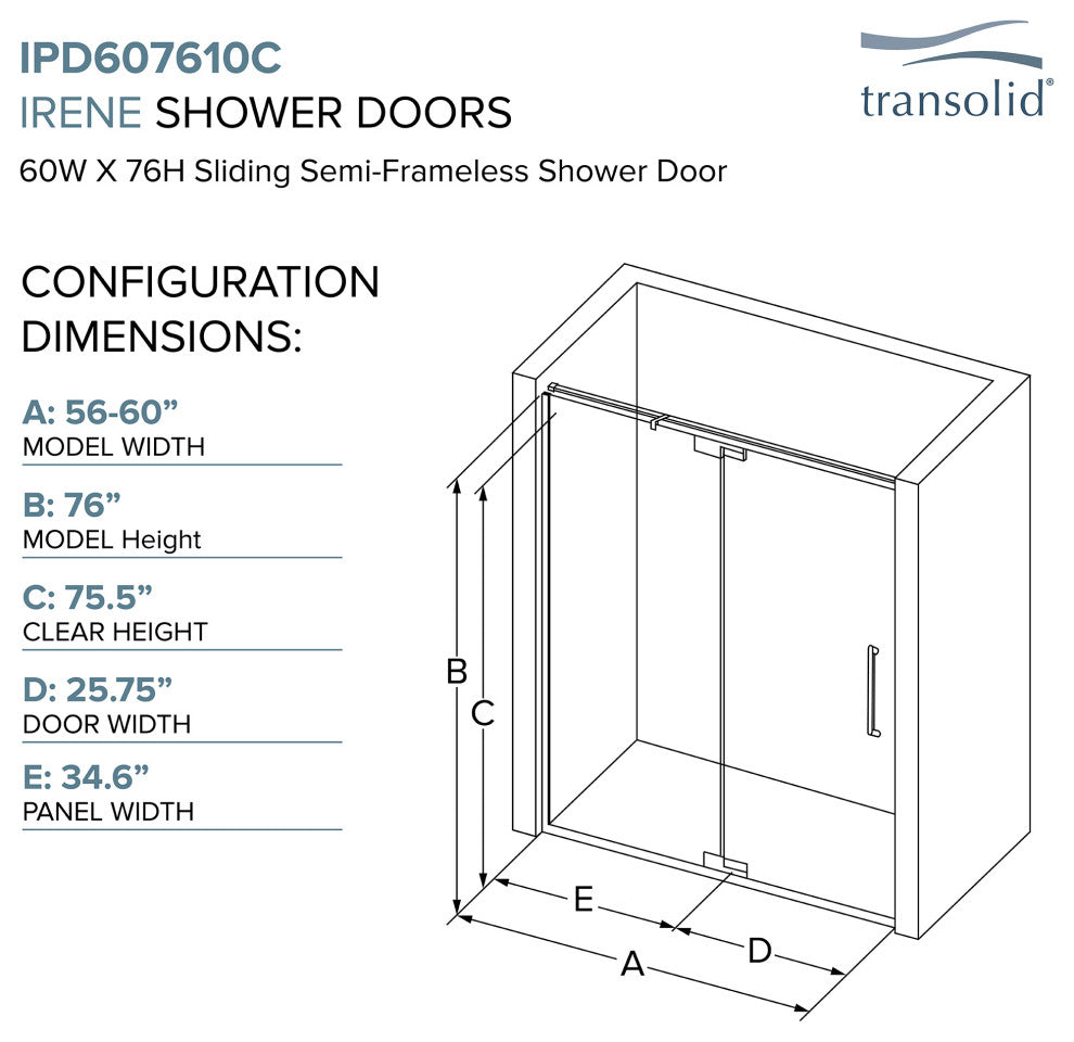 Transolid Irene 60"W x76"H Pivot Shower Door in Brushed Stainless w/ Clear Glass