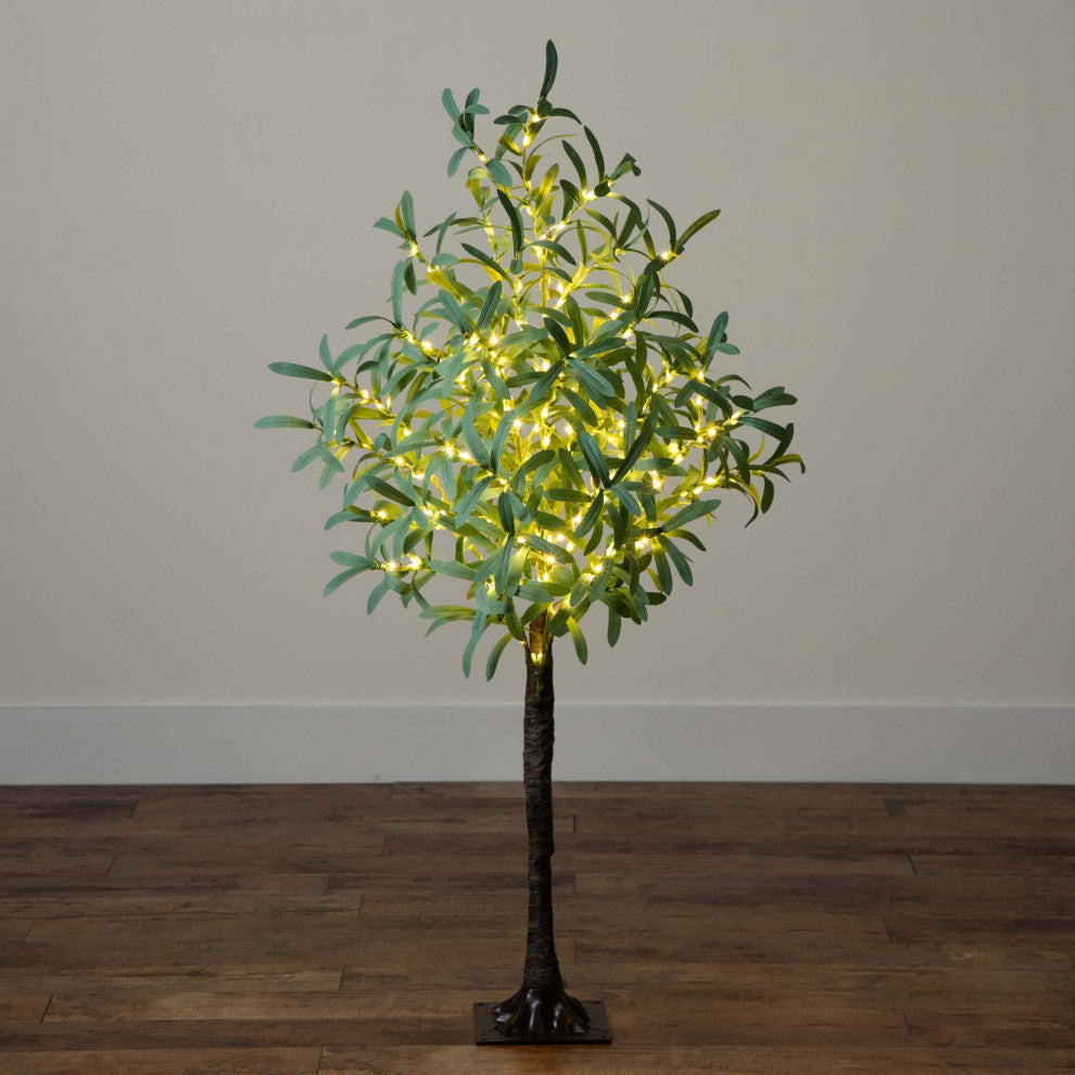 Full tree with LED lights; neutral background; cropped view.