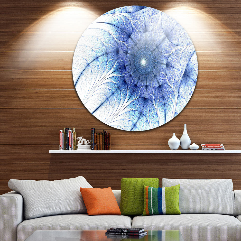 Symmetrical Blue Fractal Flower On White, Abstract Round Wall Art, 11"