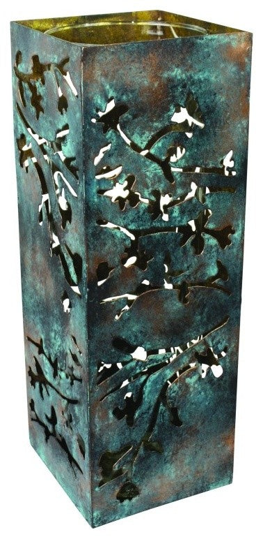 Verdigris Gray Green Metal Cutout Candle Holder, Leaf Floral Hurricane