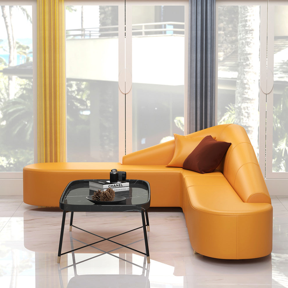 Modern 6-Seater Orange L-Shaped Corner Sectional Sofa Faux Leather Upholstery