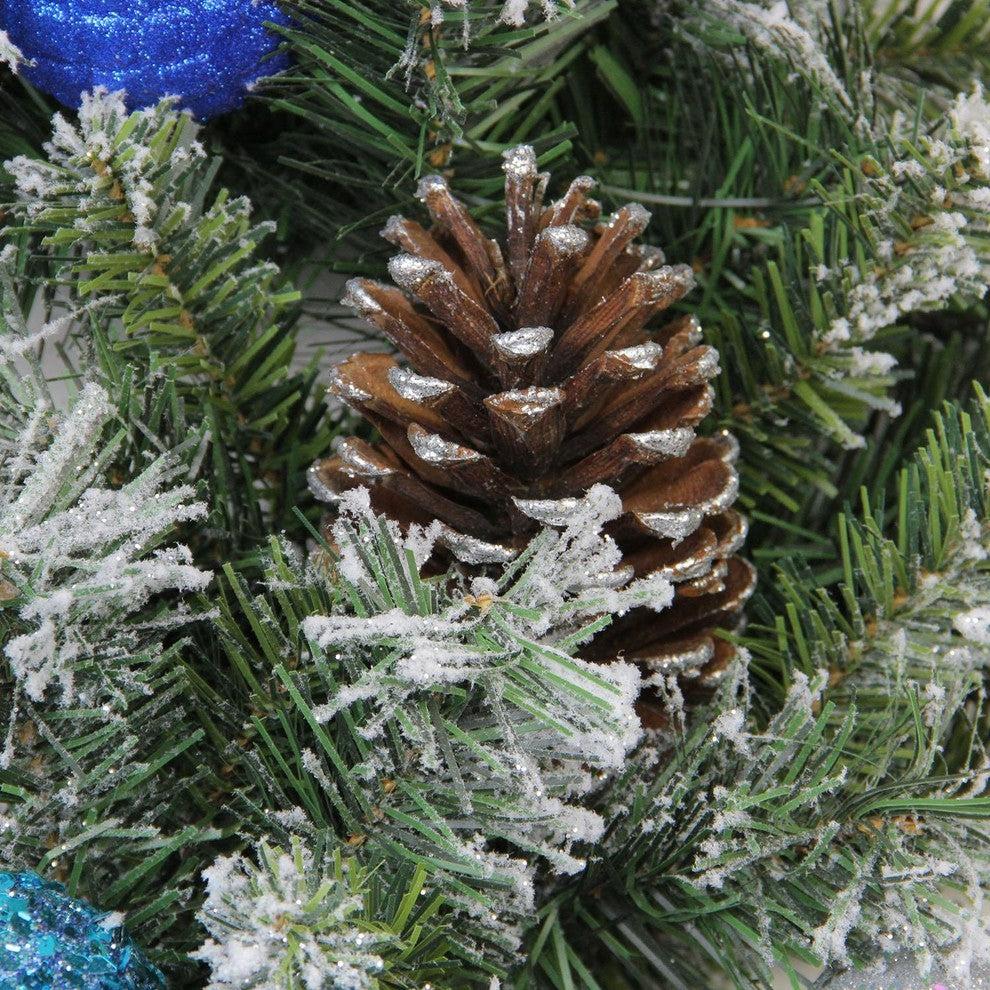 Teal and Silver Ball Flocked, Pine Cones Artificial Christmas Wreath, Unlit