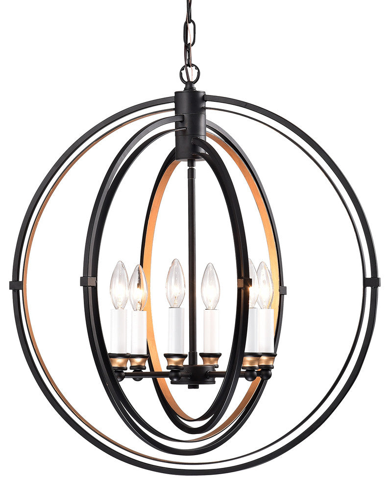 6-Light Black Bronze Triple Hoop Globe Chandelier