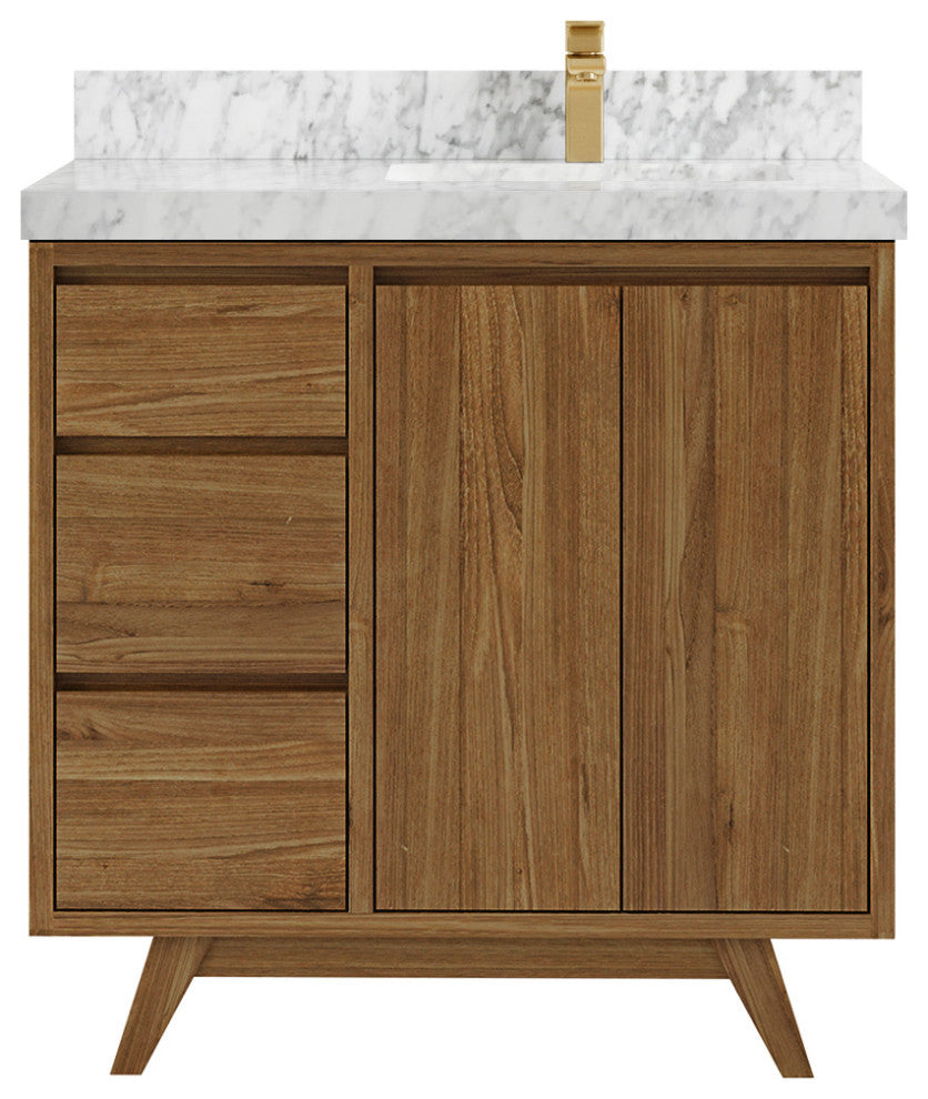 Madison Teak 36 Right Offset Bath Vanity in Dark Natural 2" Carrara Marble