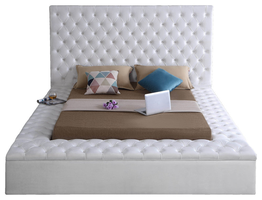 Bliss Velvet Upholstered  Bed, White, Full