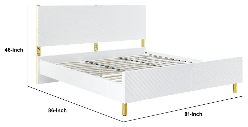 Benzara BM284040 Modern Wood King Bed, Panel Headboard, Chevron, White, Gold