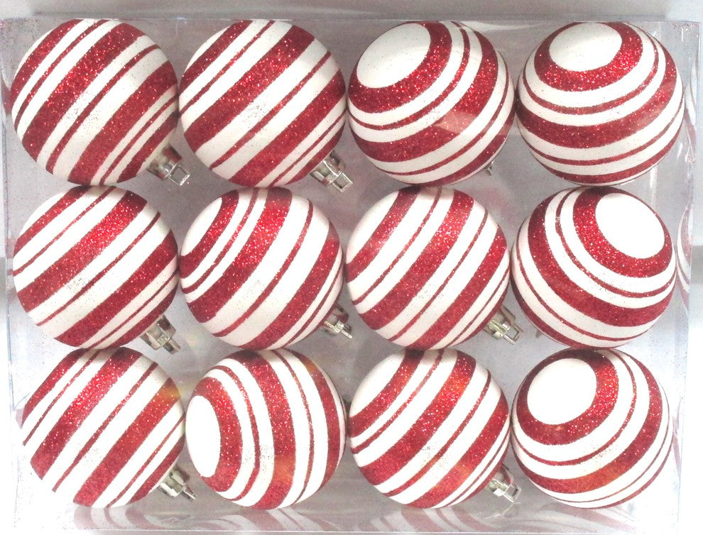 Red And White Ball Ornament With Line Design 12 Pack