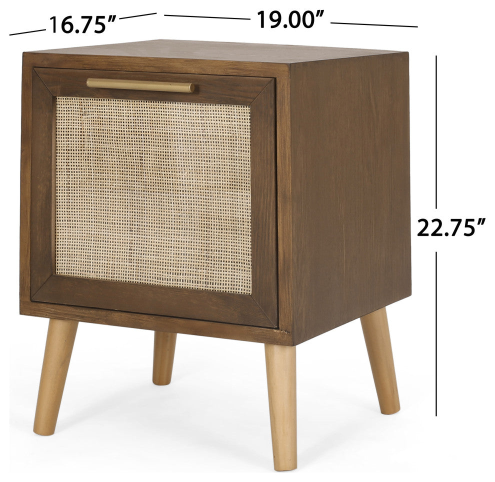 Pilster Contemporary End Table with Storage, Walnut, Natural, and Antique Gold
