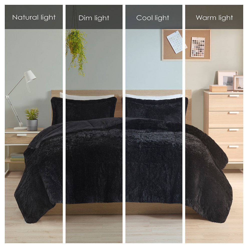 Intelligent Design Malea Shaggy Long Fur Comforter Mini Set, Black