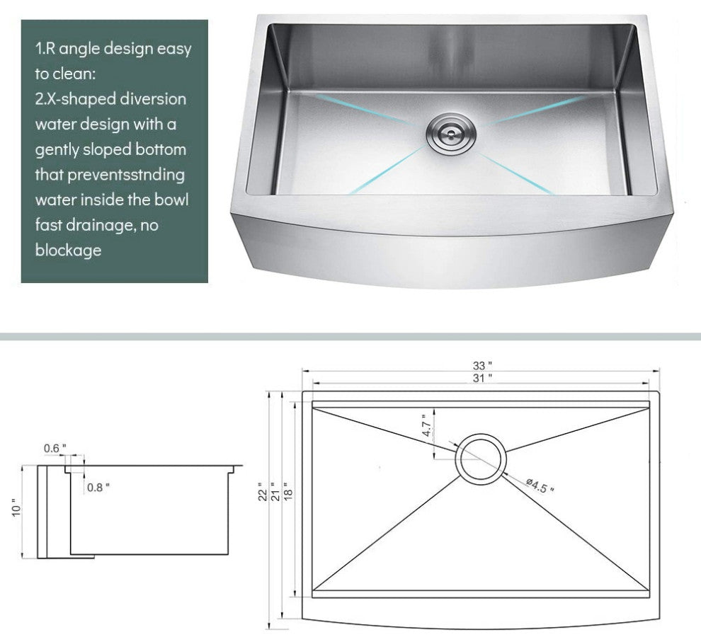 33" x 22" Stainless Steel Single Bowl Farmhouse Apron Kitchen Sink