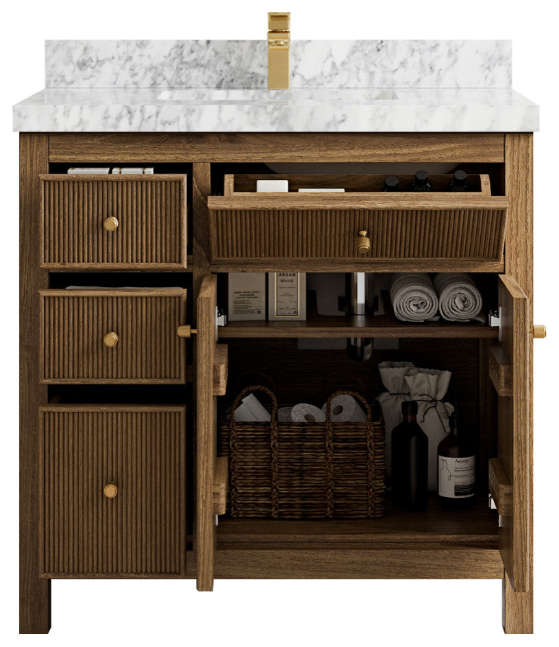 Sonoma Teak 36 Center Sink Bath Vanity in Dark Natural with 2" Carrara Marble