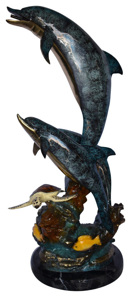 Three Dolphins Swim Next to A Sea Turtle Fountain Bronze Statue 17"x 15" x 38"