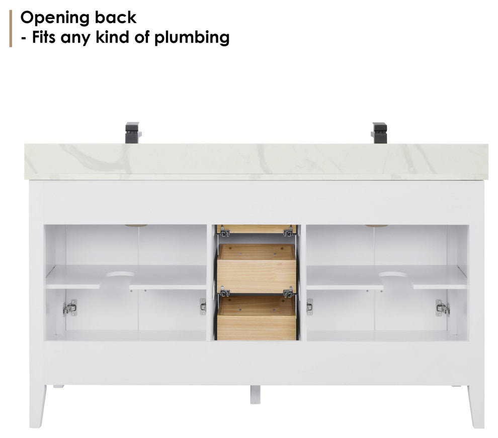 Laurel Bathroom Vanity with Calacatta White Quartz Stone Countertop, White, 60", Without Mirror