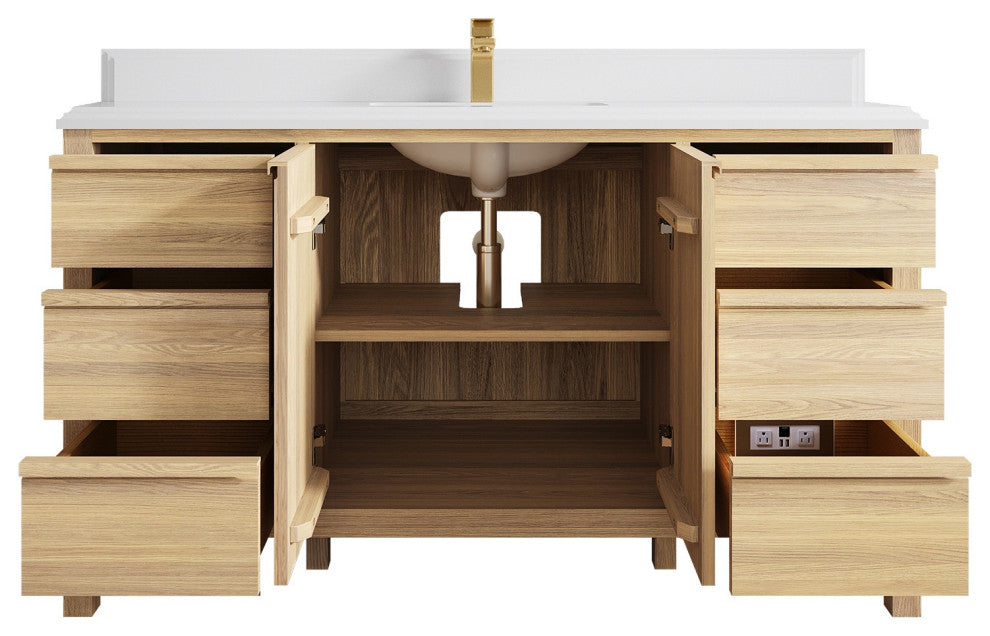 Elizabeth Oak 60" Single Sink Vanity, White 1.5" White Quartz