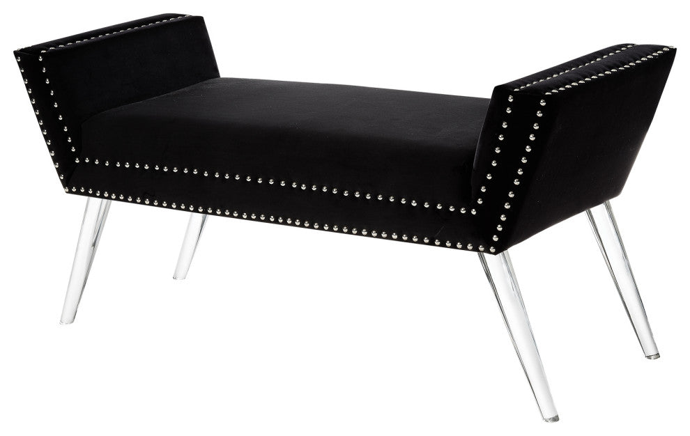 Minelly Velvet Modern Contemporary Nailhead Trim Acrylic Legs Bench, Black