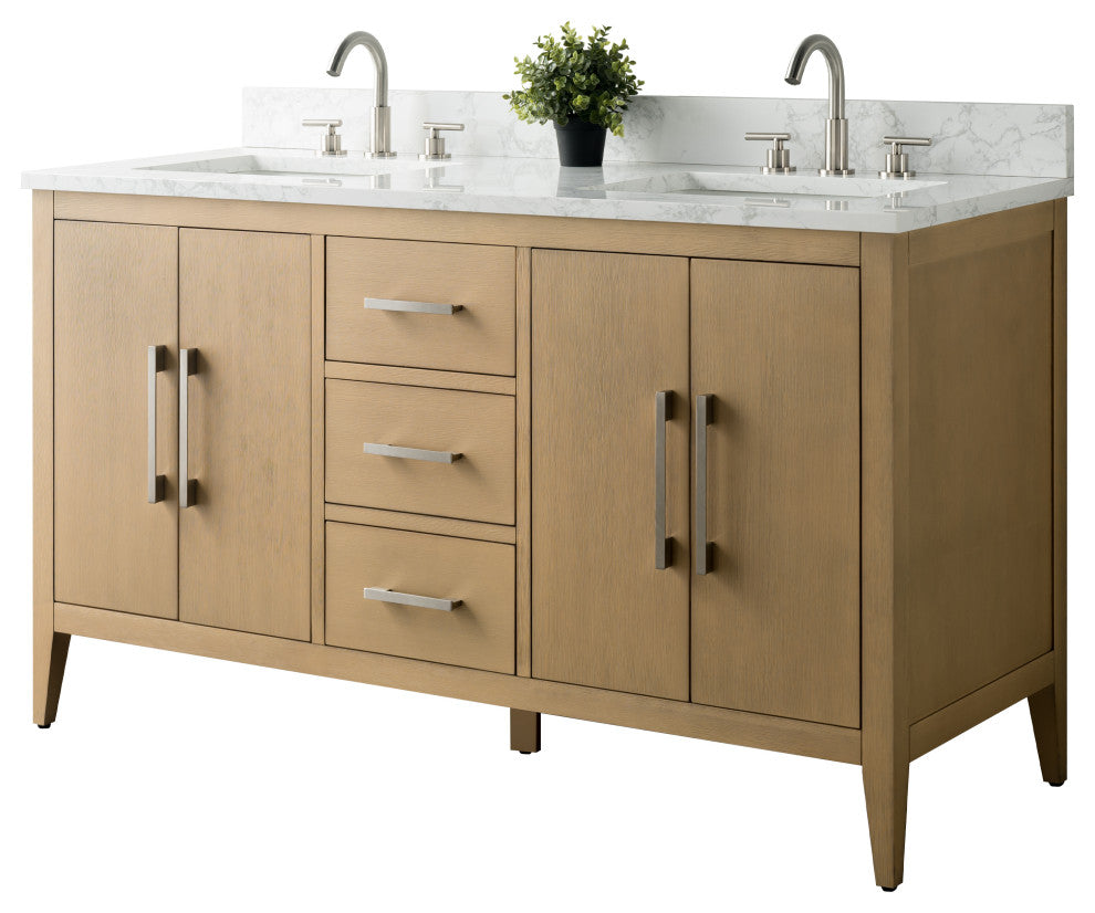 Vanity Art Bathroom Vanity With Sink, Natural Oak, 60", Double Sink, Brushed Nickel