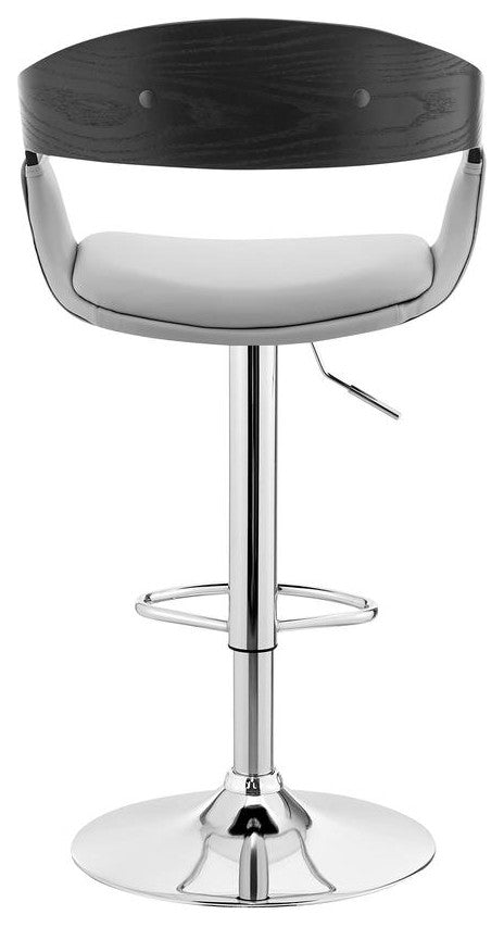 Benson Adjustable Gray Faux Leather and Black Wood Bar Stool with Chrome Base